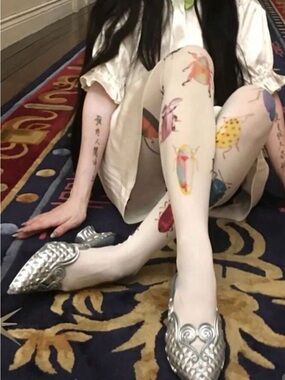 NEW Whimsical Beetle Print Tights | Entomology Art Pantyhose | White Hosiery